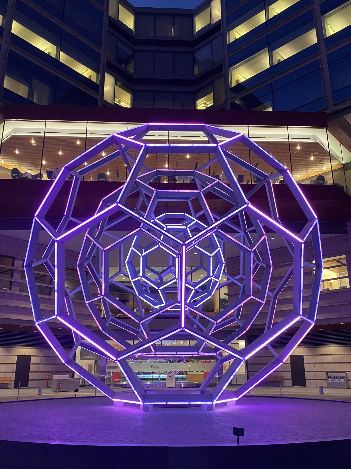 Large purple geometric spherical light sculpture
