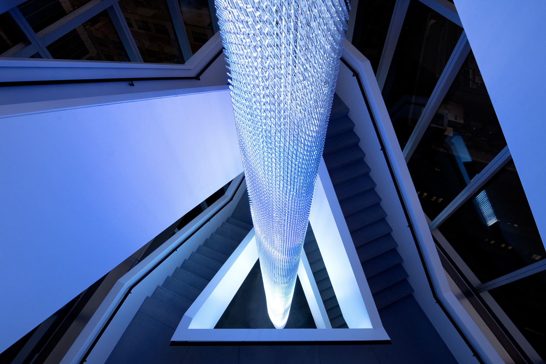 Blue multi-story, LED light installation